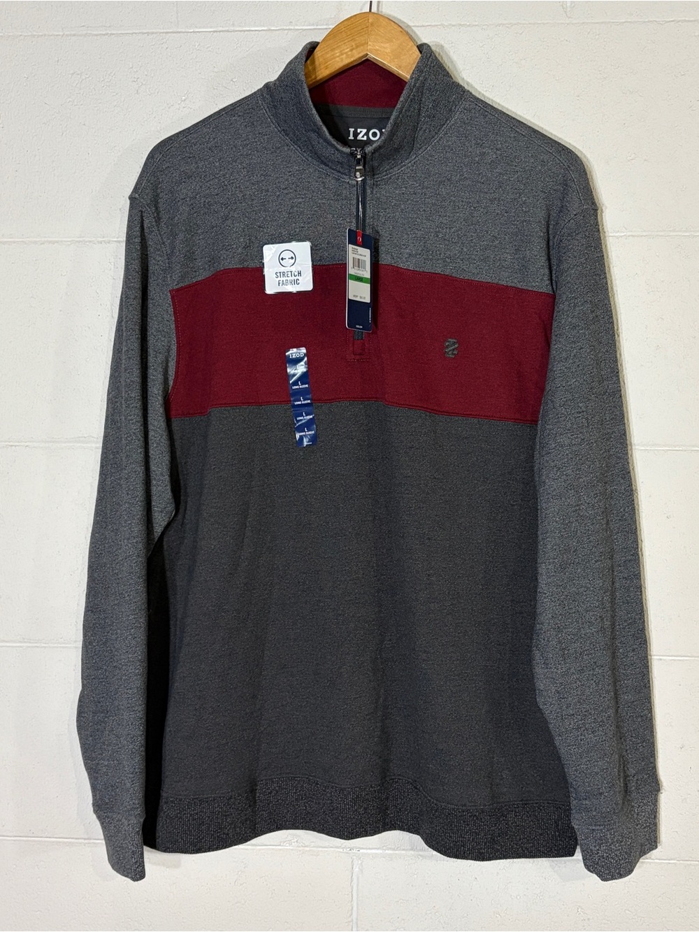 NWT IZOD Men’s Charcoal and Burgundy Quarter-Zip Sweater